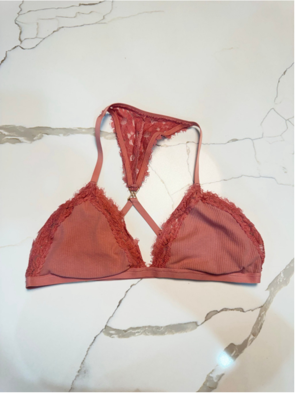 Aerie Lace Racerback Bralette L Mauve Pink Ribbed Cotton Halter Boho Strappy